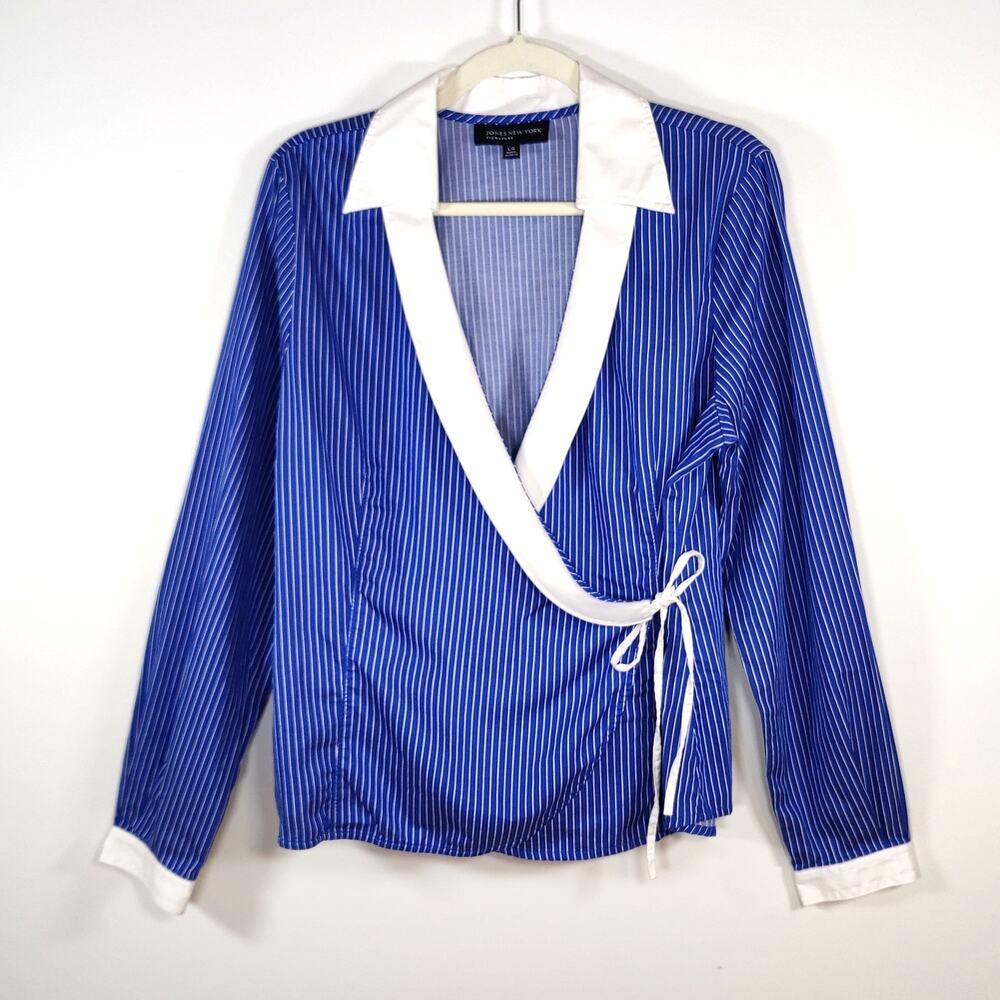 Jones New York 100% Cotton Wrap Blouse‎ Blue White Striped Preppy Y2K L